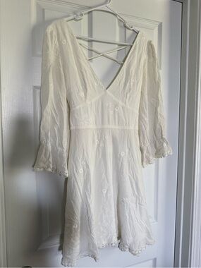 Women's White Embroidered V Neck Low Back Dress
